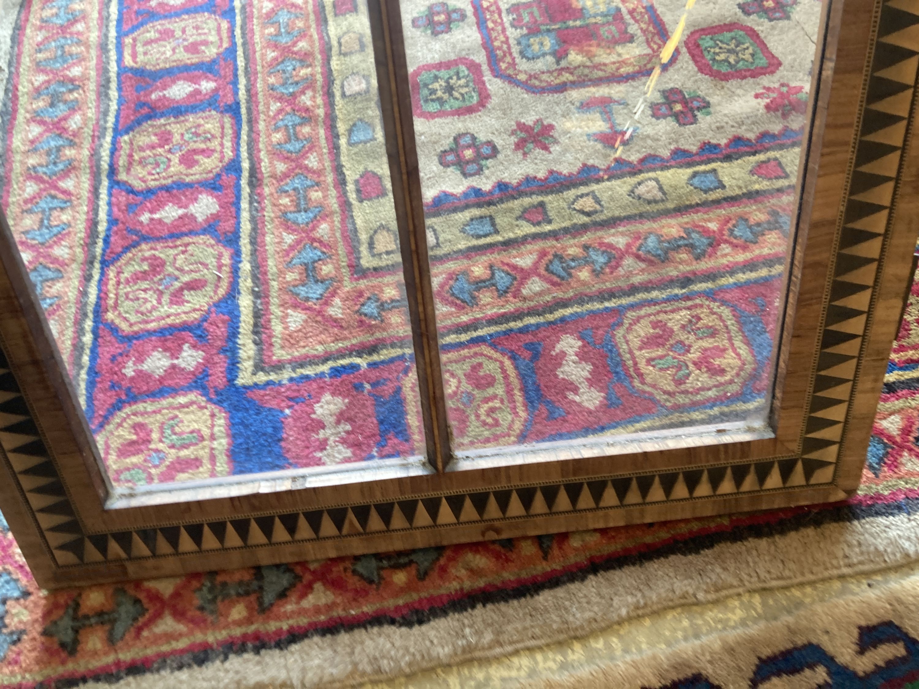 A pair of Victorian inlaid part stained glass cabinet doors, each door width 49cm, height 92cm - Image 3 of 4