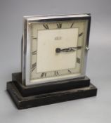 A Bulle square chrome and ebonised wood mantel timepiece, height 21cm