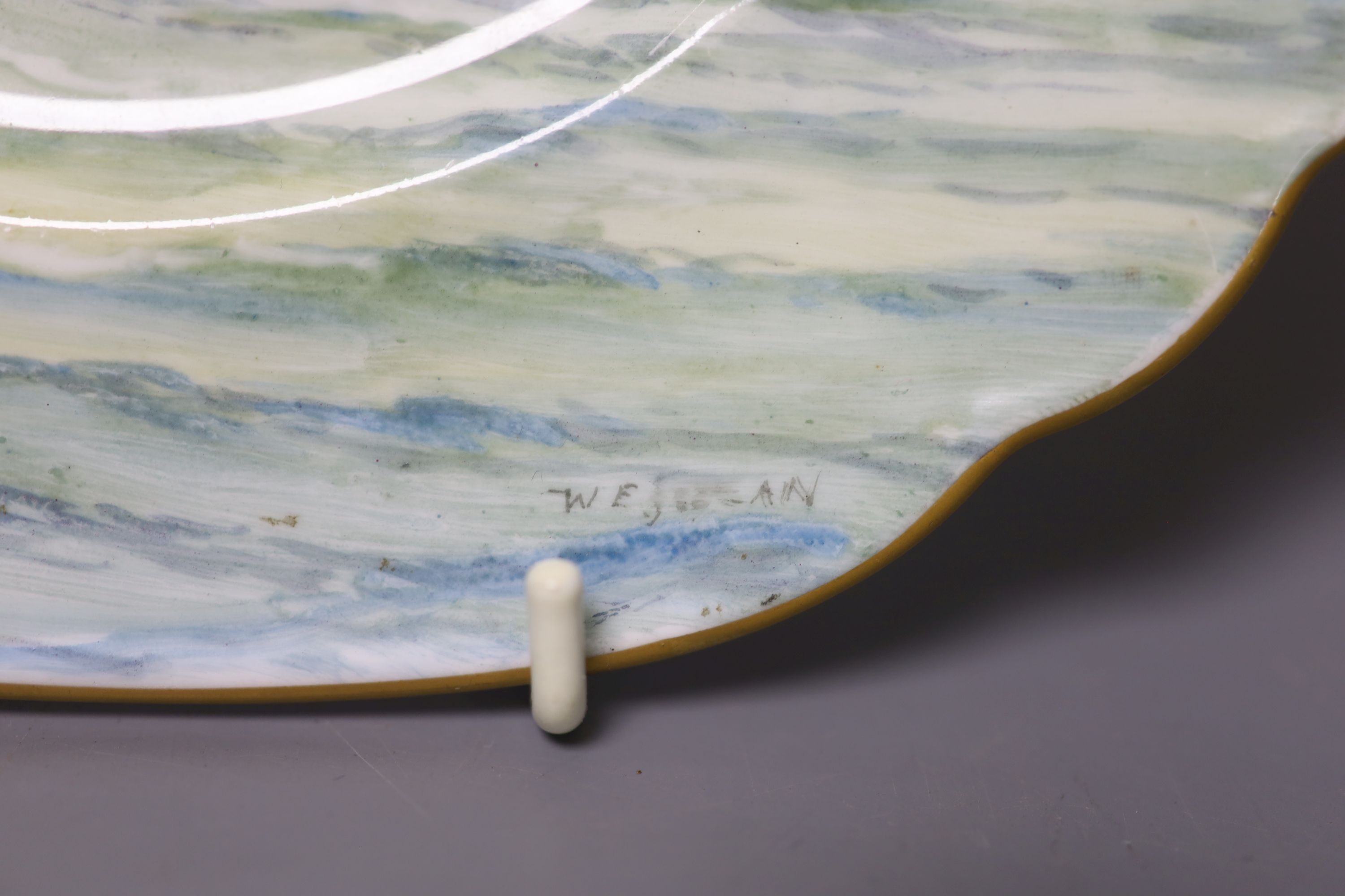 A Royal Crown Derby square shaped plate, painted with a yachting scene by WEJ Dean, and pair of - Image 6 of 7