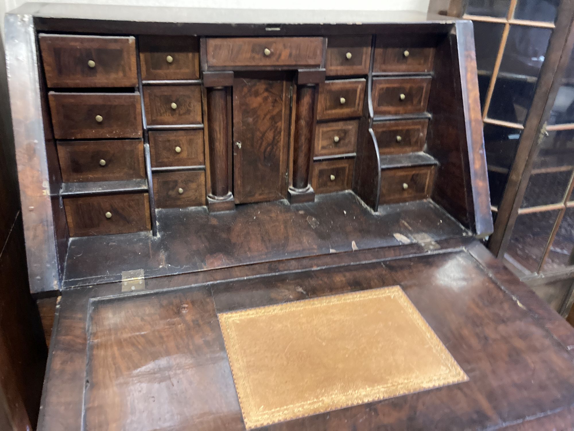 A Queen Anne revival figured walnut bureau, width 94cm depth 48cm height 130cm - Image 2 of 4