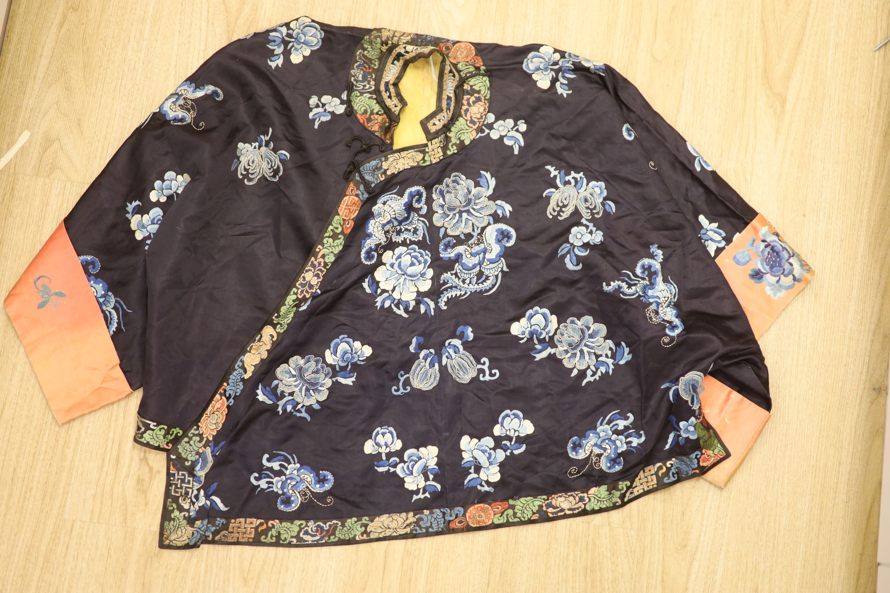 Two Chinese early 20th century embroidered silk jackets, each worked with blue and white peonies and - Image 7 of 8