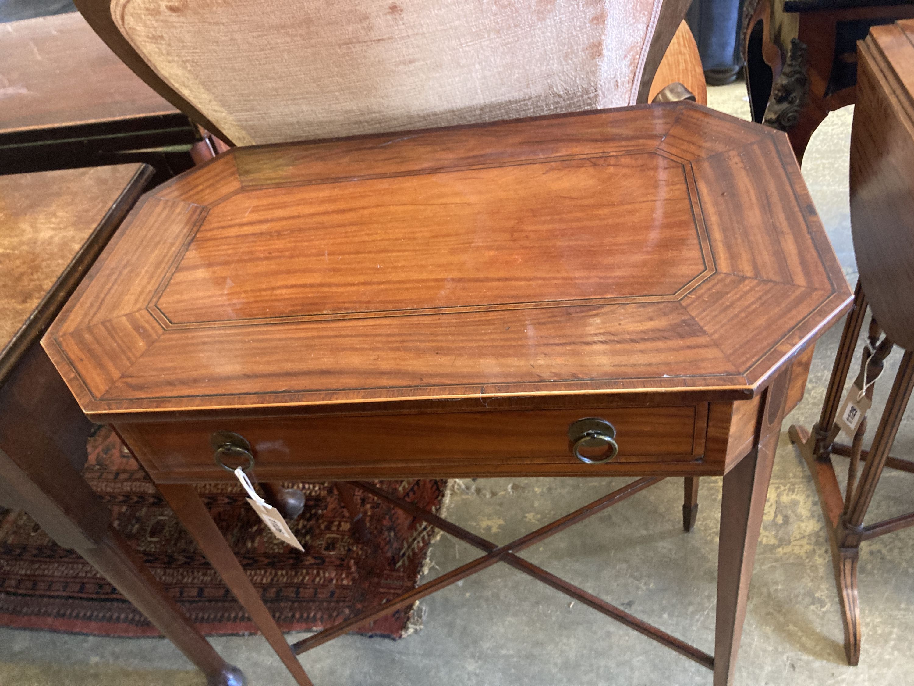 A George III Sheraton style inlaid mahogany side table of canted rectangular form, width 62cm, depth - Image 2 of 4