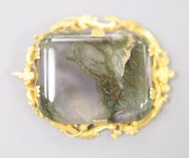 A 19th century yellow metal mounted moss agate brooch, 46mm, gross 12.9 grams.CONDITION: The stone