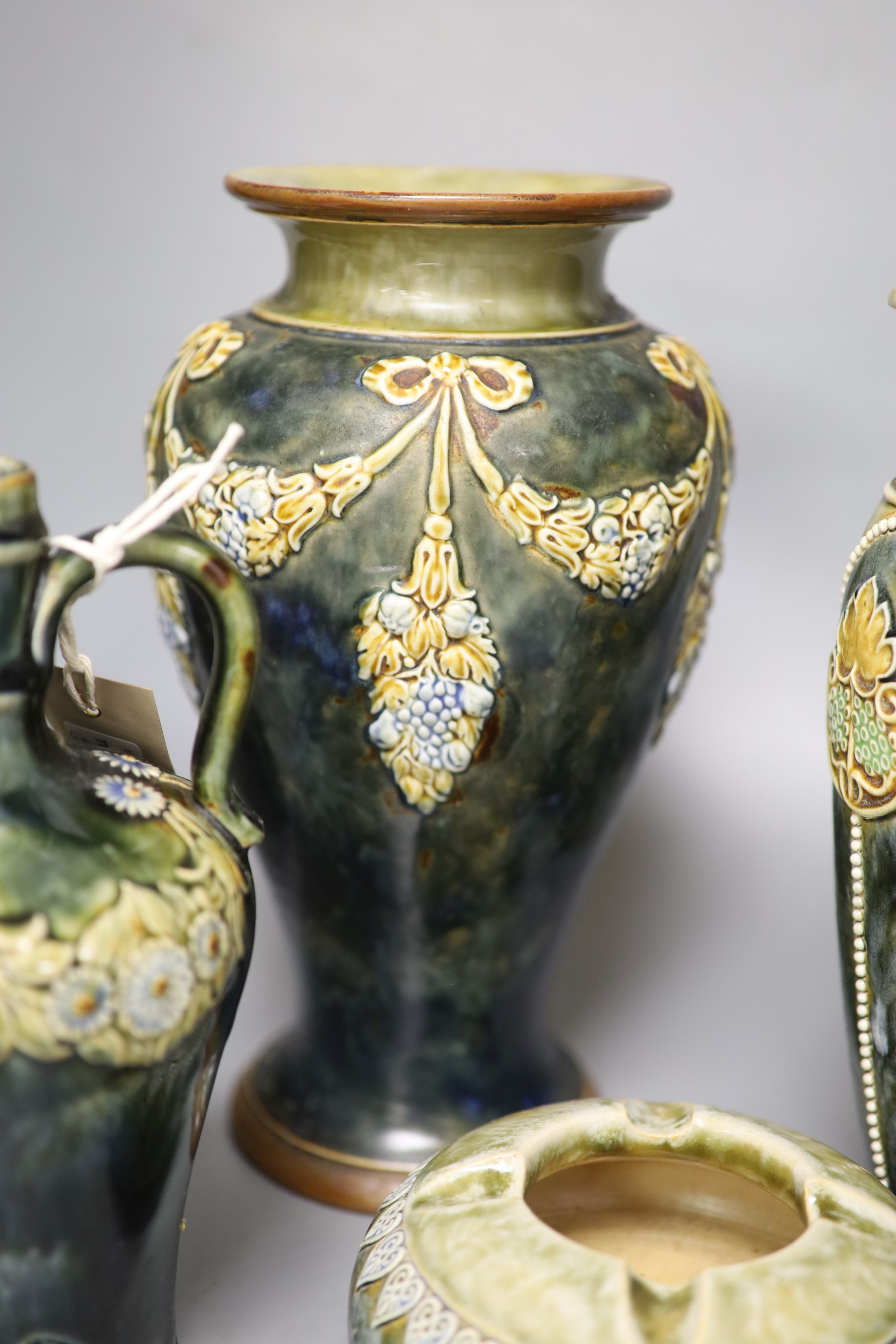 A pair of Royal Doulton vases, a similar larger vase and a small flagon - Image 5 of 5