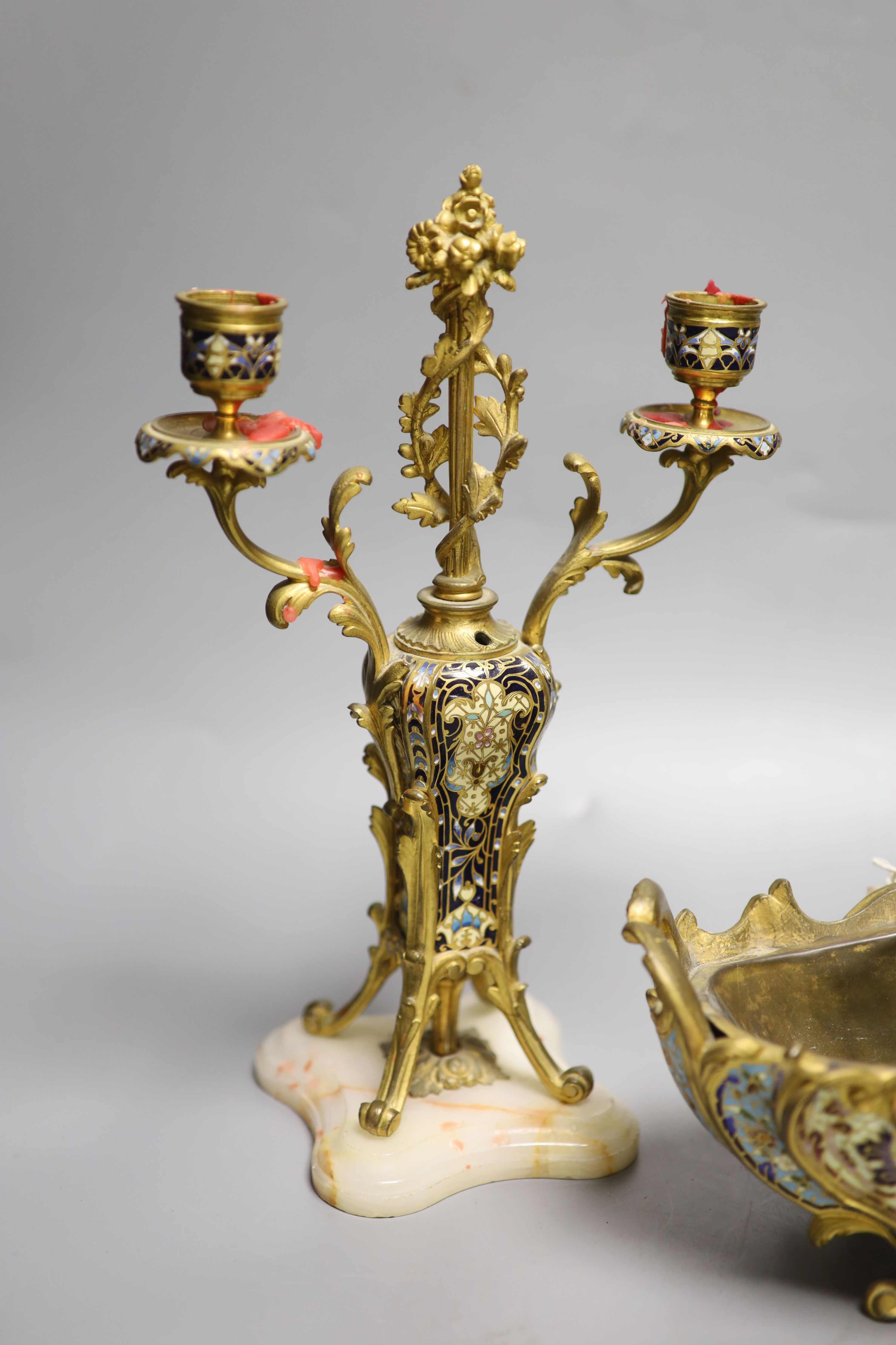 A pair of champleve enamel and alabaster candelabra, height 28cm and a similar jardiniere - Image 3 of 4