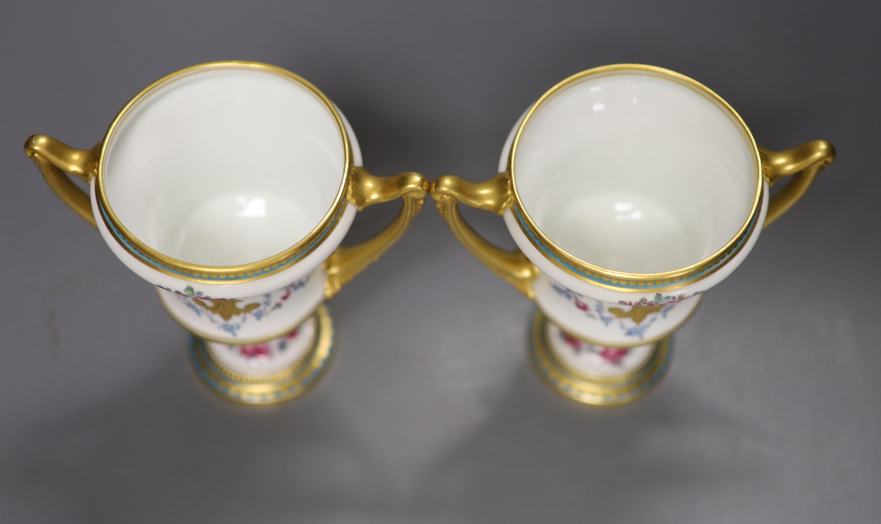 A pair of Royal Crown Derby two-handled campana-shaped urns, height 13cm - Image 3 of 4