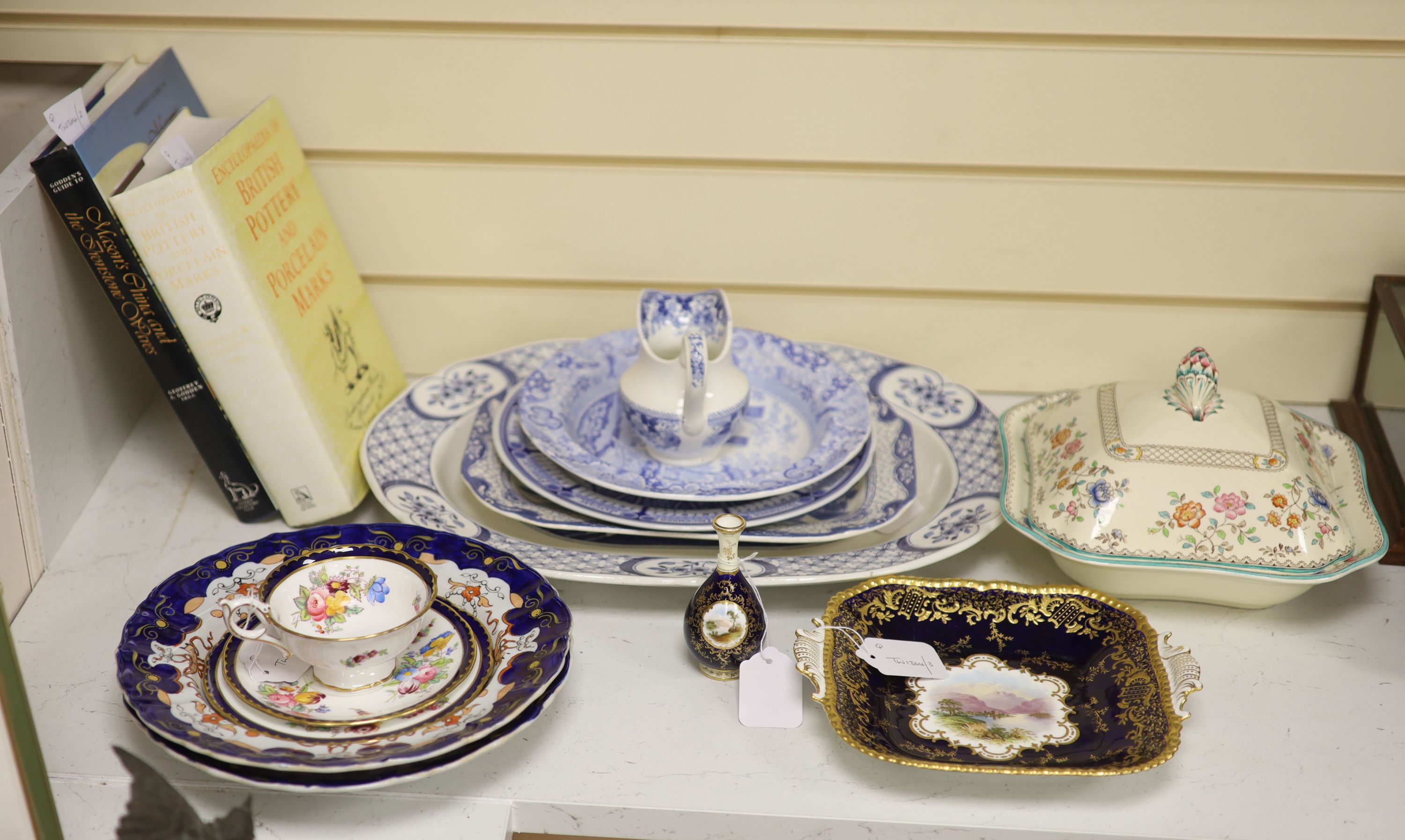 A Coalport cobalt blue dish with painted reserve of 'Kilchurn', heightened in gilt and sundry