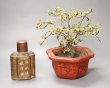 A Chinese hardstone miniature tree in hexagonal cinnabar lacquer jardiniere and a lacquered pewter