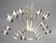 A Victorian mother of pearl handled silver knife and fork, George Unite, Birmingham, 1868, a