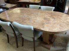 An Art Deco burr walnut dining table, width 214cm, depth 99cm, height 76cm together with four