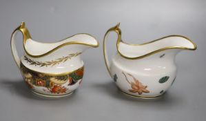 A Spode cream jug painted with Imari pattern 1645 and a Spode cream jug painted with flowers and