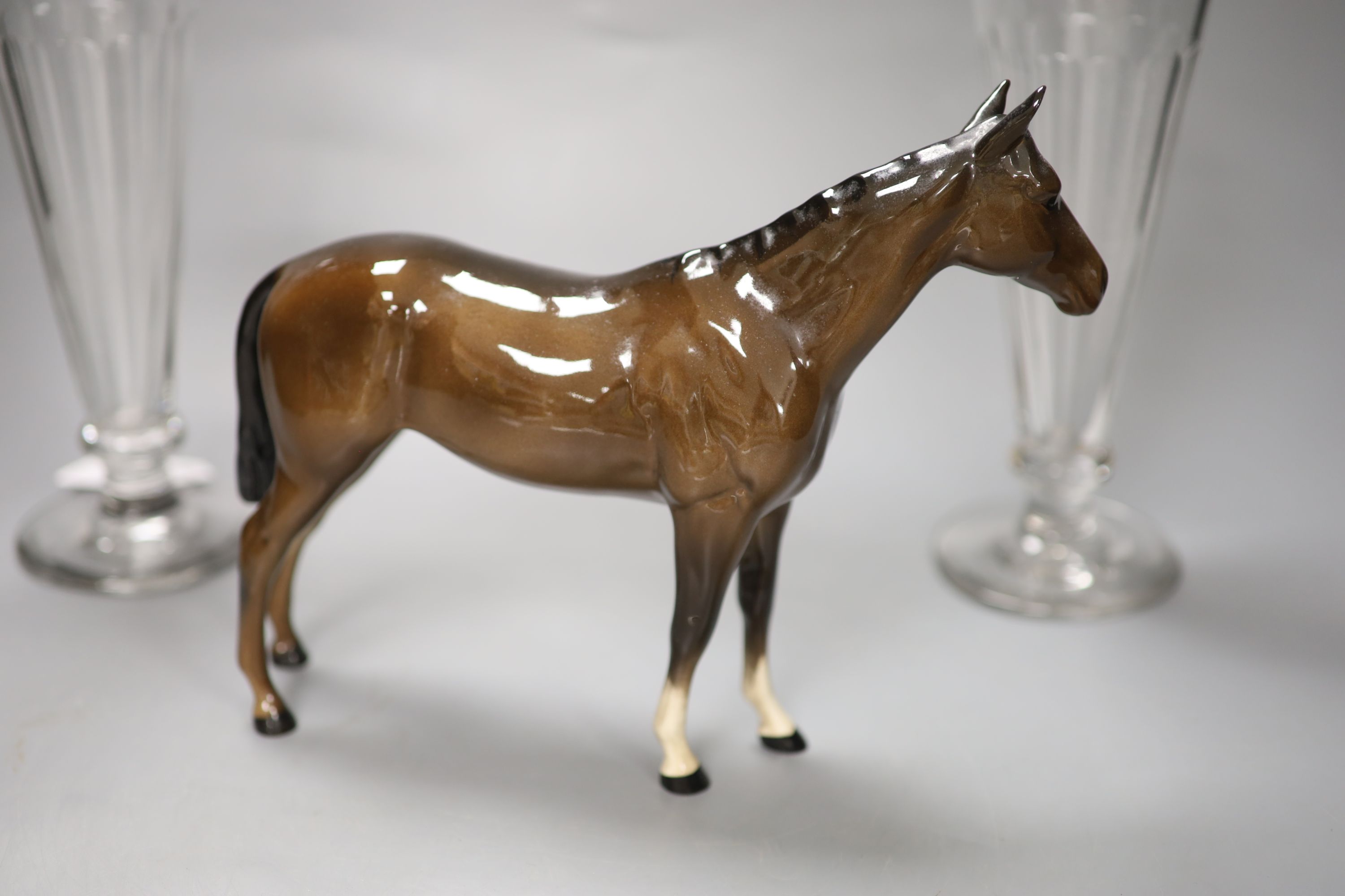 A pair of panel-cut ale flutes, 24cm high and a Beswick bay stallion - Image 2 of 4