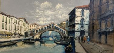 Pietro Virgilio Lietti (Italian, 20th century), oil on board, Rialto Bridge, Venice, signed lower