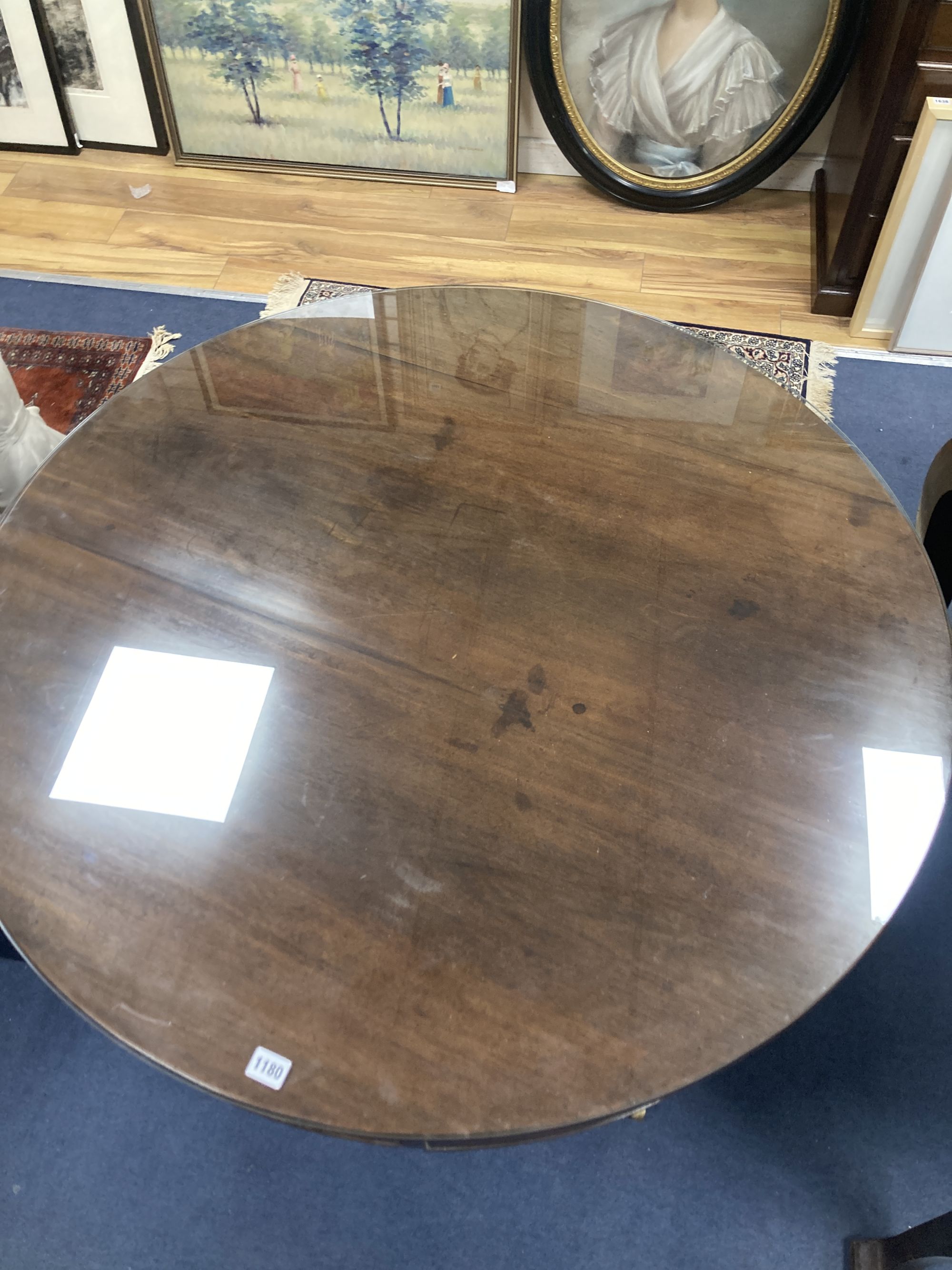 A Regency mahogany drum top library table, fitted four frieze drawers on ring turned stem and - Image 6 of 6