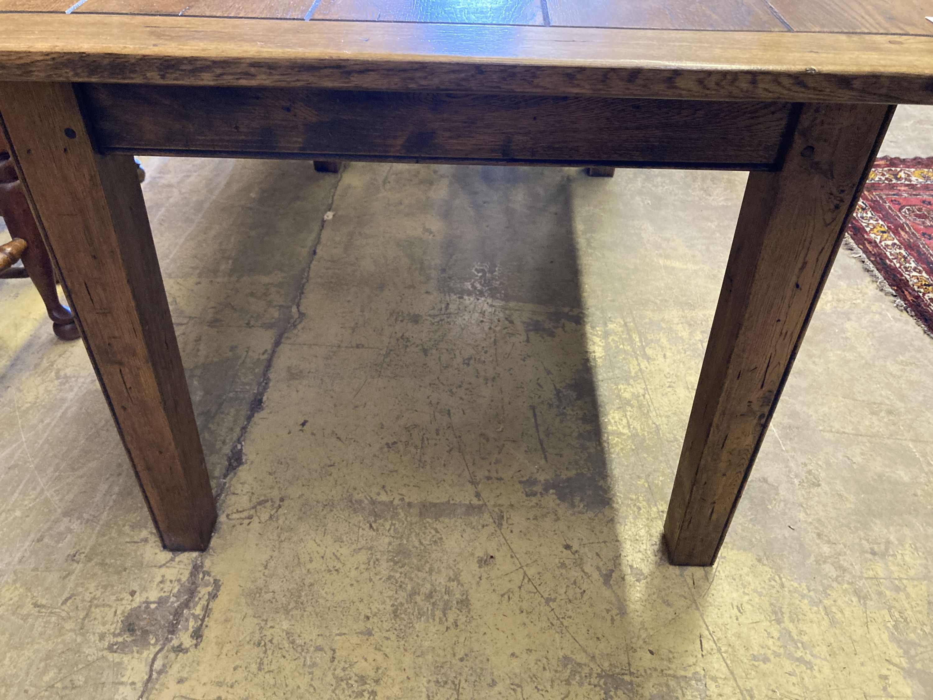 A 19th century style rectangular oak dining table with planked top, length 153cm, depth 90cm, height - Image 3 of 4