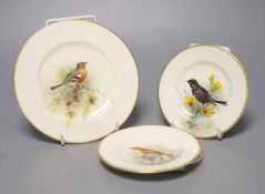 A pair of Royal Worcester plates, painted with a blackbird or a Grasshopper Warbler, date mark 1918,