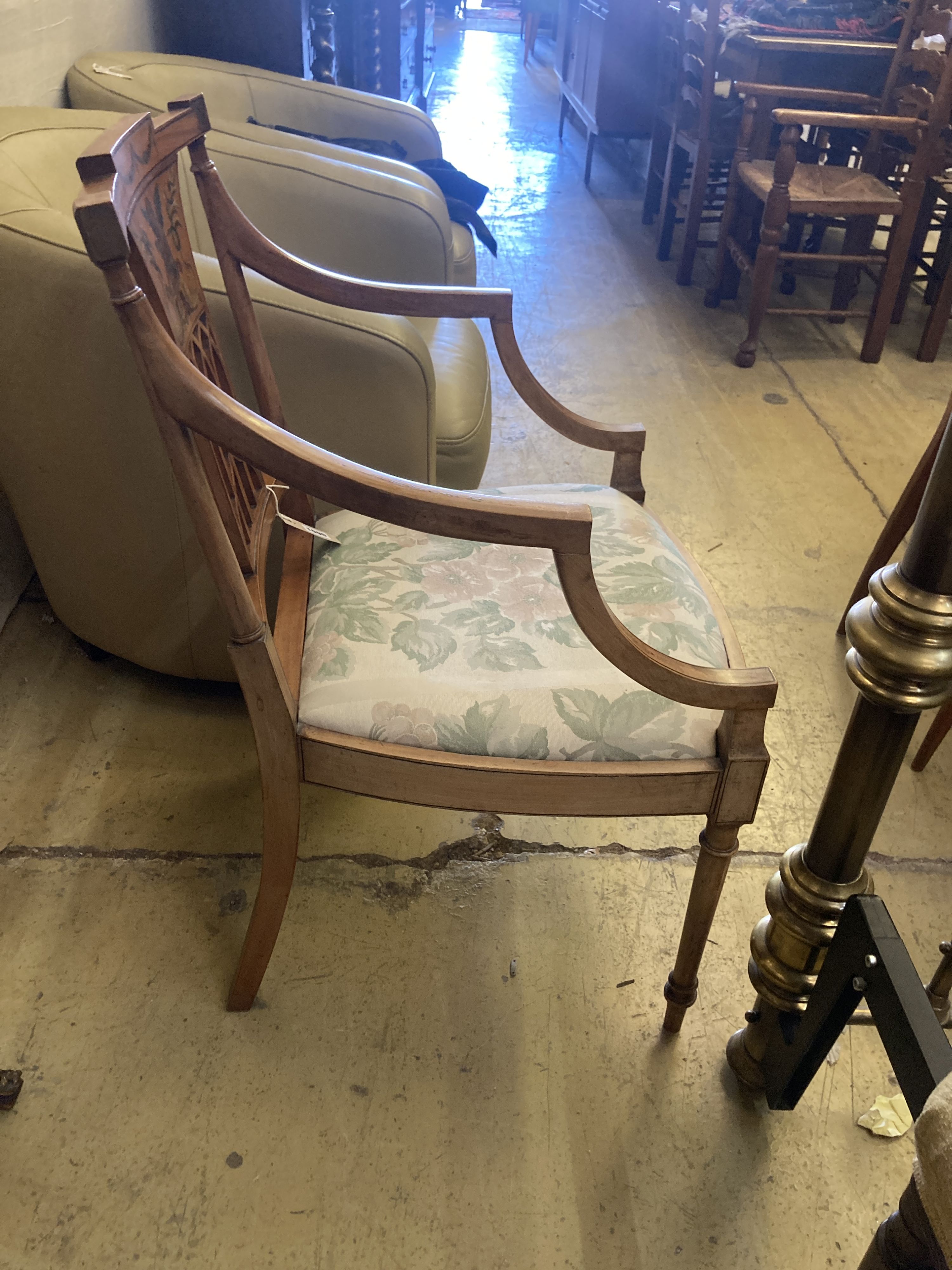 An Edwardian Sheraton revival satinwood open armchair, width 55cm, depth 60cm, height 89cm - Image 5 of 5