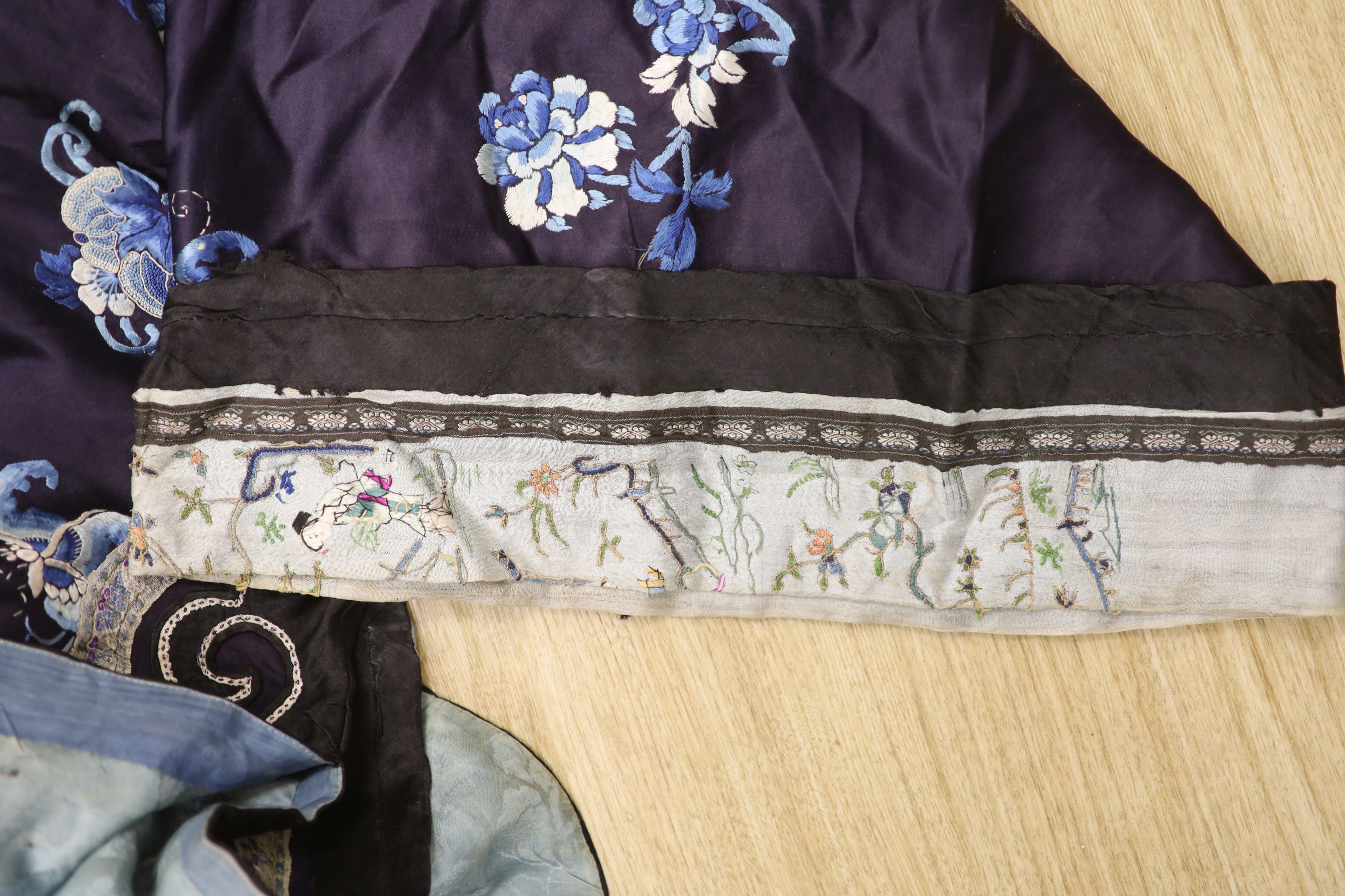 Two Chinese early 20th century embroidered silk jackets, each worked with blue and white peonies and - Image 6 of 8