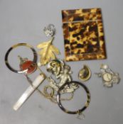 A 19th century tortoiseshell card case, 10.2cm, a pair of 14k and cultured pearl ear studs and a