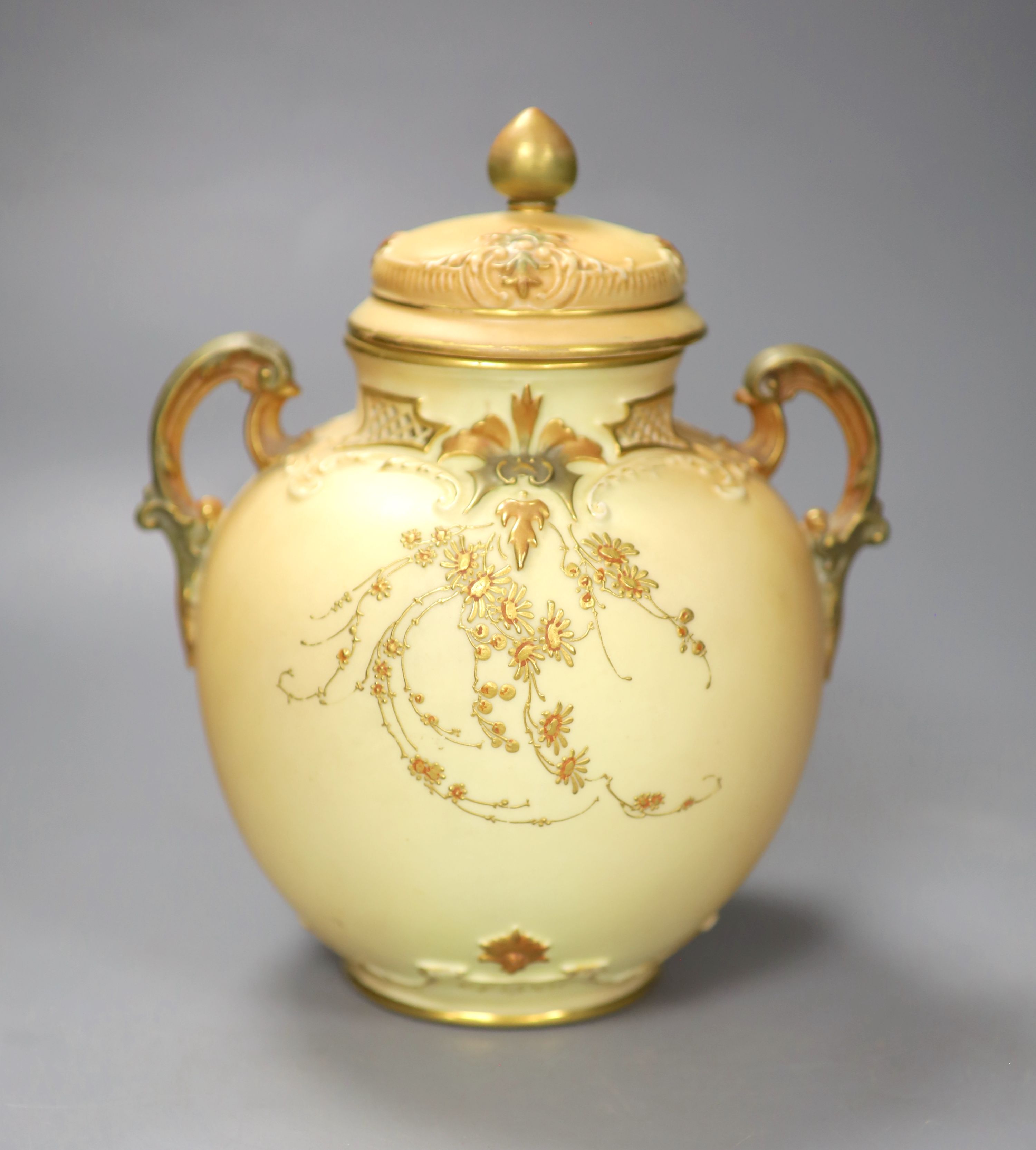 A Royal Worcester two handled ovoid vase moulded and gilded with flowers on a blush ivory ground, - Image 2 of 5