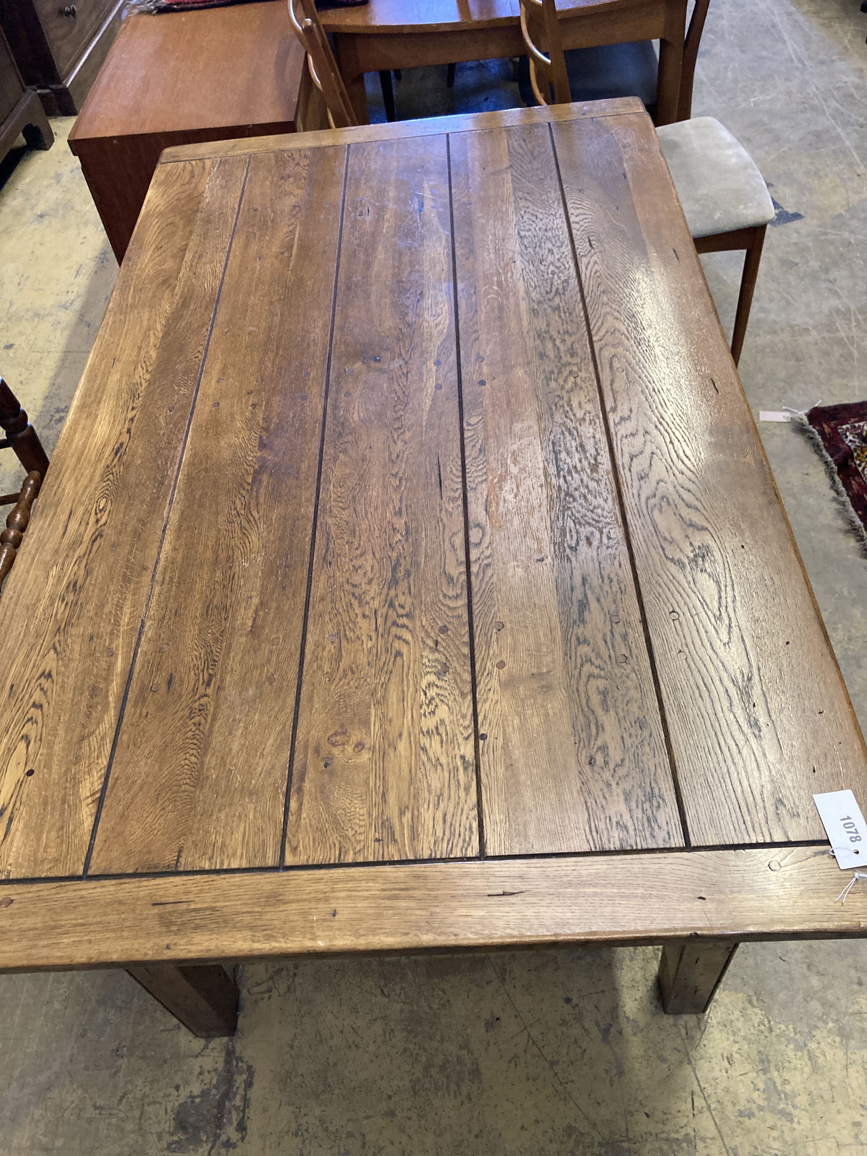 A 19th century style rectangular oak dining table with planked top, length 153cm, depth 90cm, height - Image 2 of 4