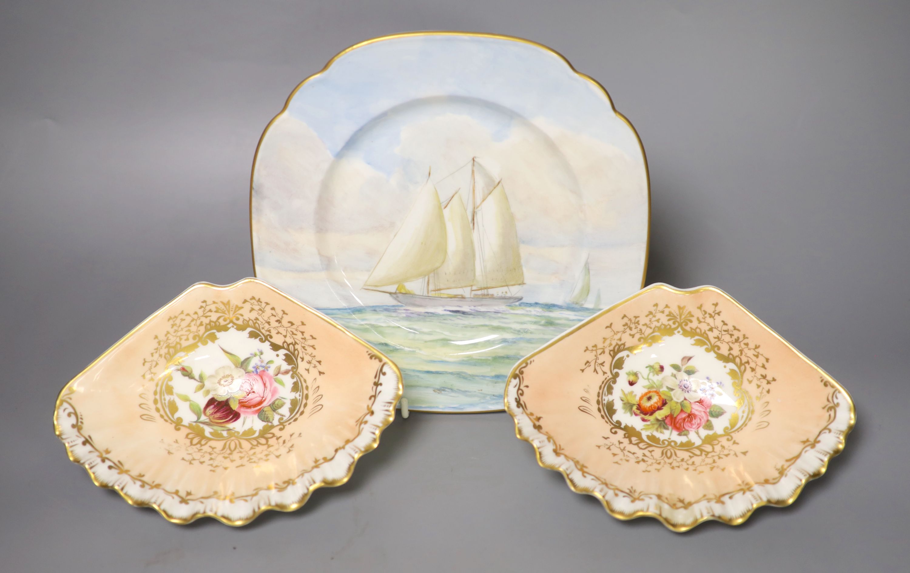 A Royal Crown Derby square shaped plate, painted with a yachting scene by WEJ Dean, and pair of
