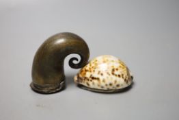 A 19th century white metal mounted horn snuff mull, 7cm and a similar white metal mounted cowrie