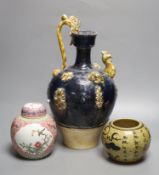 A Chinese pottery ewer, ginger jar and a bowl