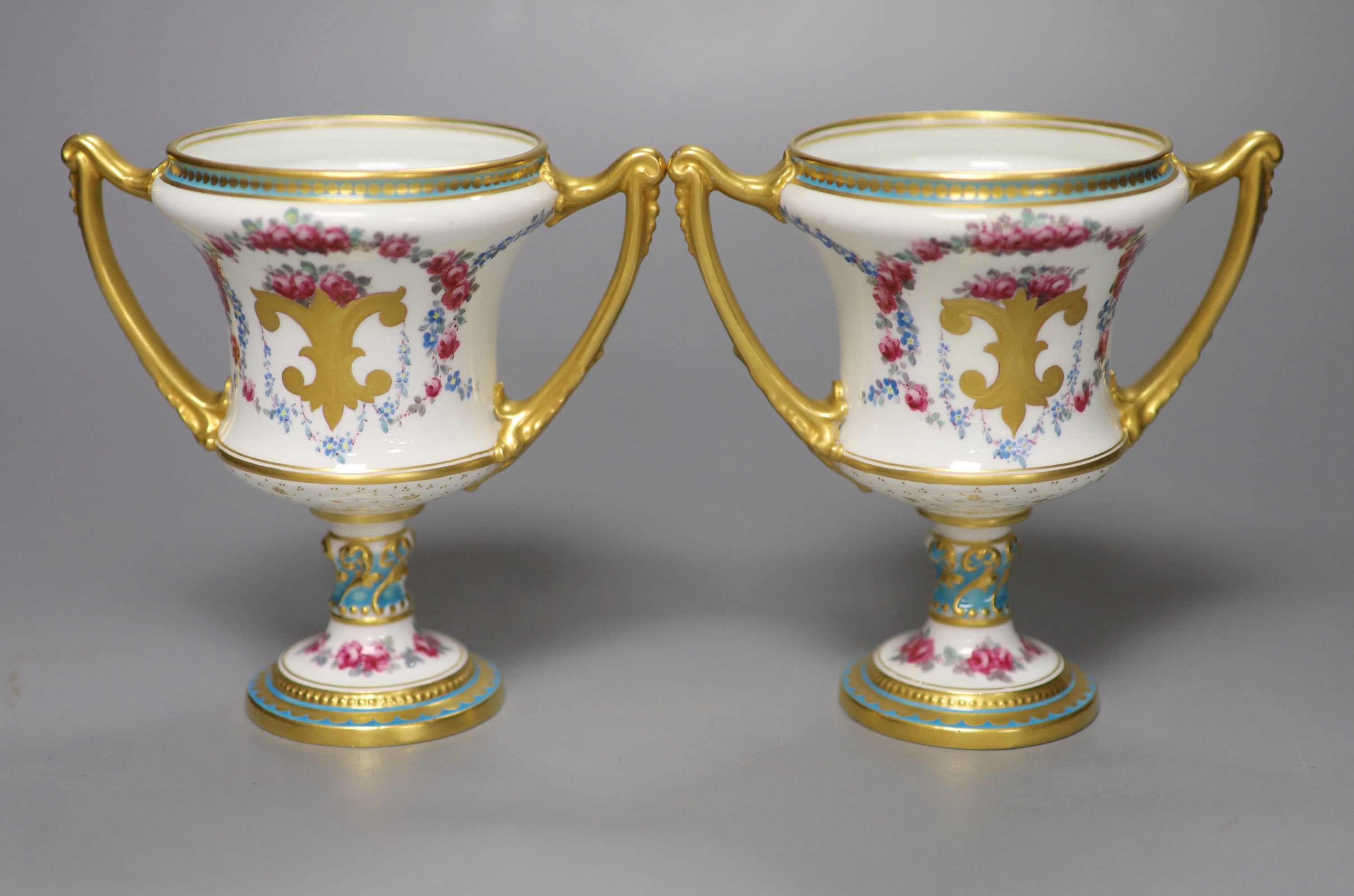 A pair of Royal Crown Derby two-handled campana-shaped urns, height 13cm - Image 2 of 4