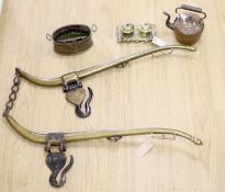 A pair of brass hames, a brass deskstand, a small copper kettle, a small brass and copper jardiniere