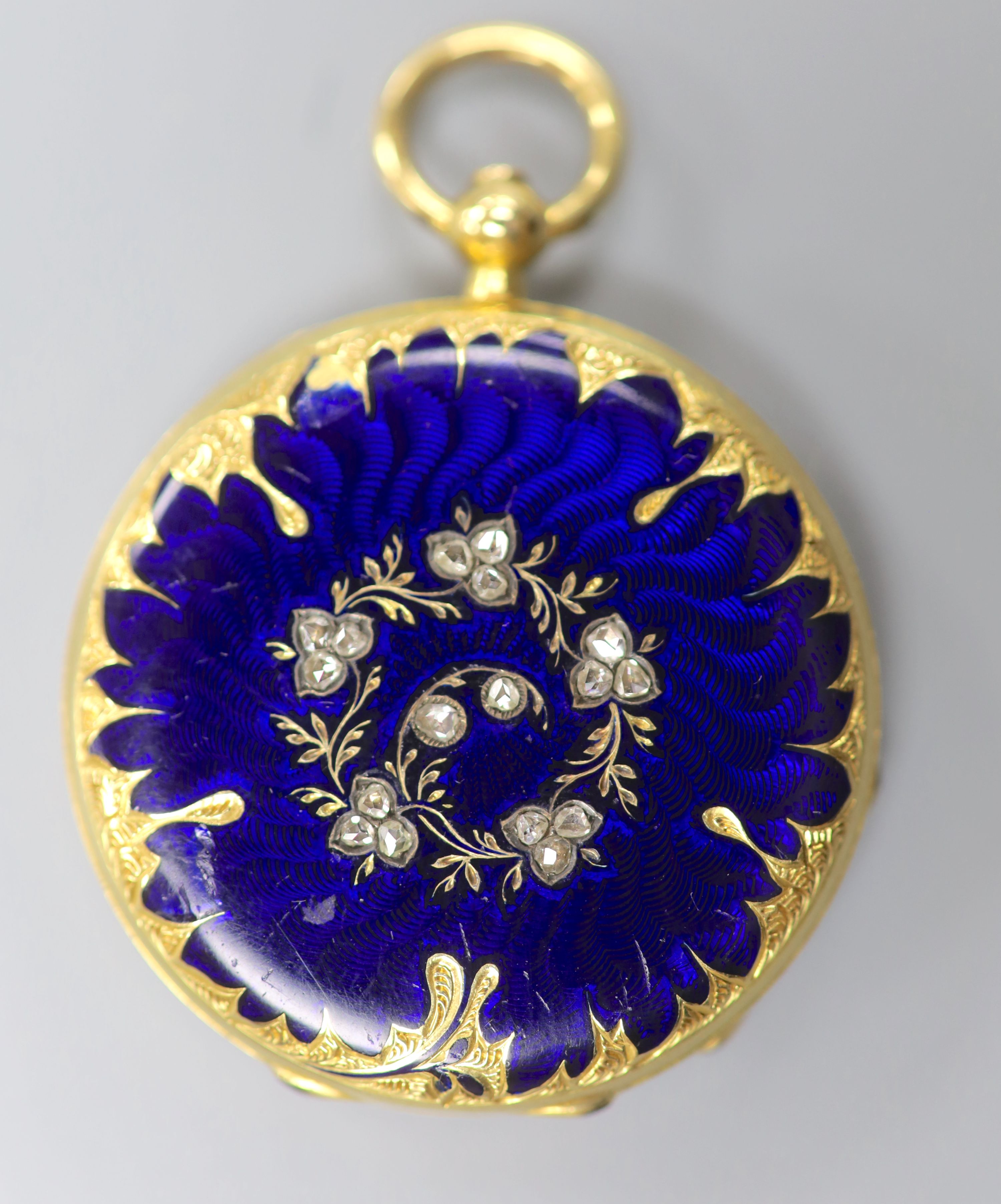 An early 20th century Swiss yellow metal, blue enamel and rose cut diamond set keywind fob watch, - Image 2 of 2