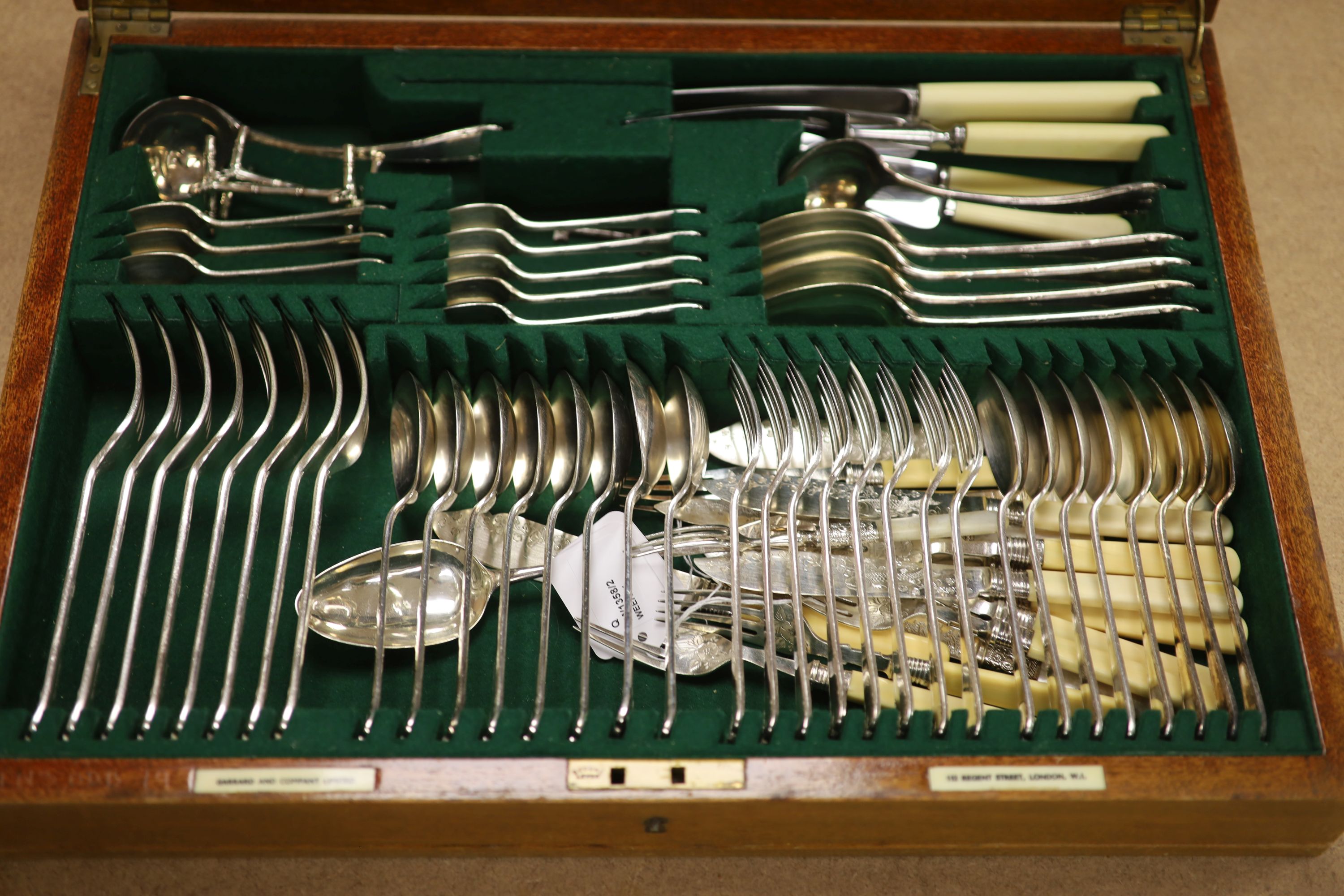 A Garrard & Co service of plated flatware in mahogany canteen, a pair of plated bottle coasters - Image 2 of 4