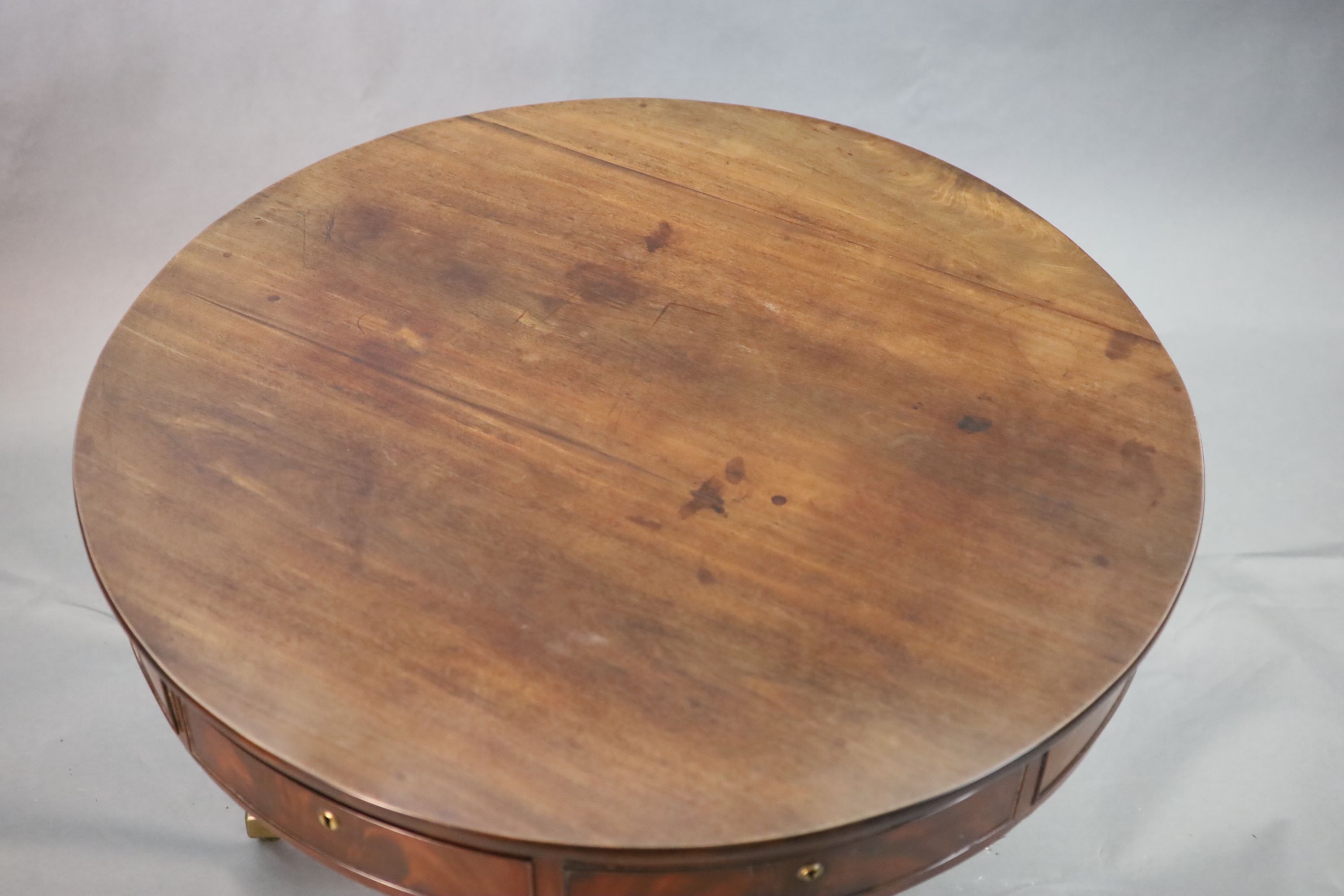 A Regency mahogany drum top library table, fitted four frieze drawers on ring turned stem and - Image 2 of 6