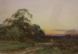 Henry Sylvester Stannard (1870-1951), watercolour, Shepherd and flock at sunset, signed, 24 x 35cm
