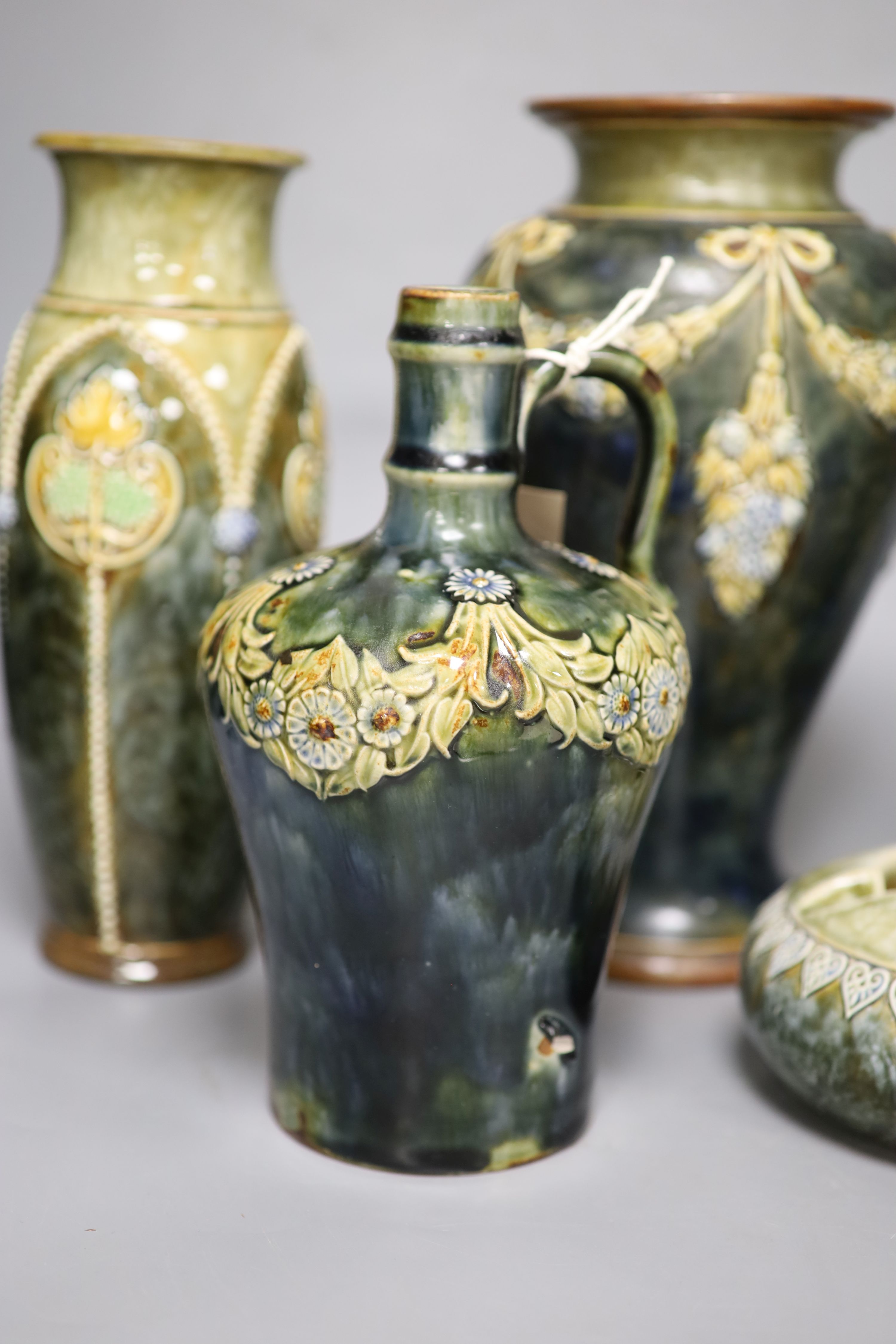 A pair of Royal Doulton vases, a similar larger vase and a small flagon - Image 2 of 5
