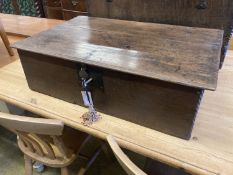 An 18th century oak bible box of plain rectangular form, width 74cm, depth 48cm, height21cm