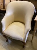 A Queen Anne style armchair with cabriole legs and pale yellow upholstery, width 62cm, depth 56cm,