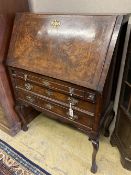 A Queen Anne revival figured walnut bureau, width 94cm depth 48cm height 130cm