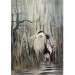 Baroness Bismarck, oil on canvas, Heron amongst reeds, initialled and dated '92, 72 x 52cm