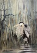 Baroness Bismarck, oil on canvas, Heron amongst reeds, initialled and dated '92, 72 x 52cm