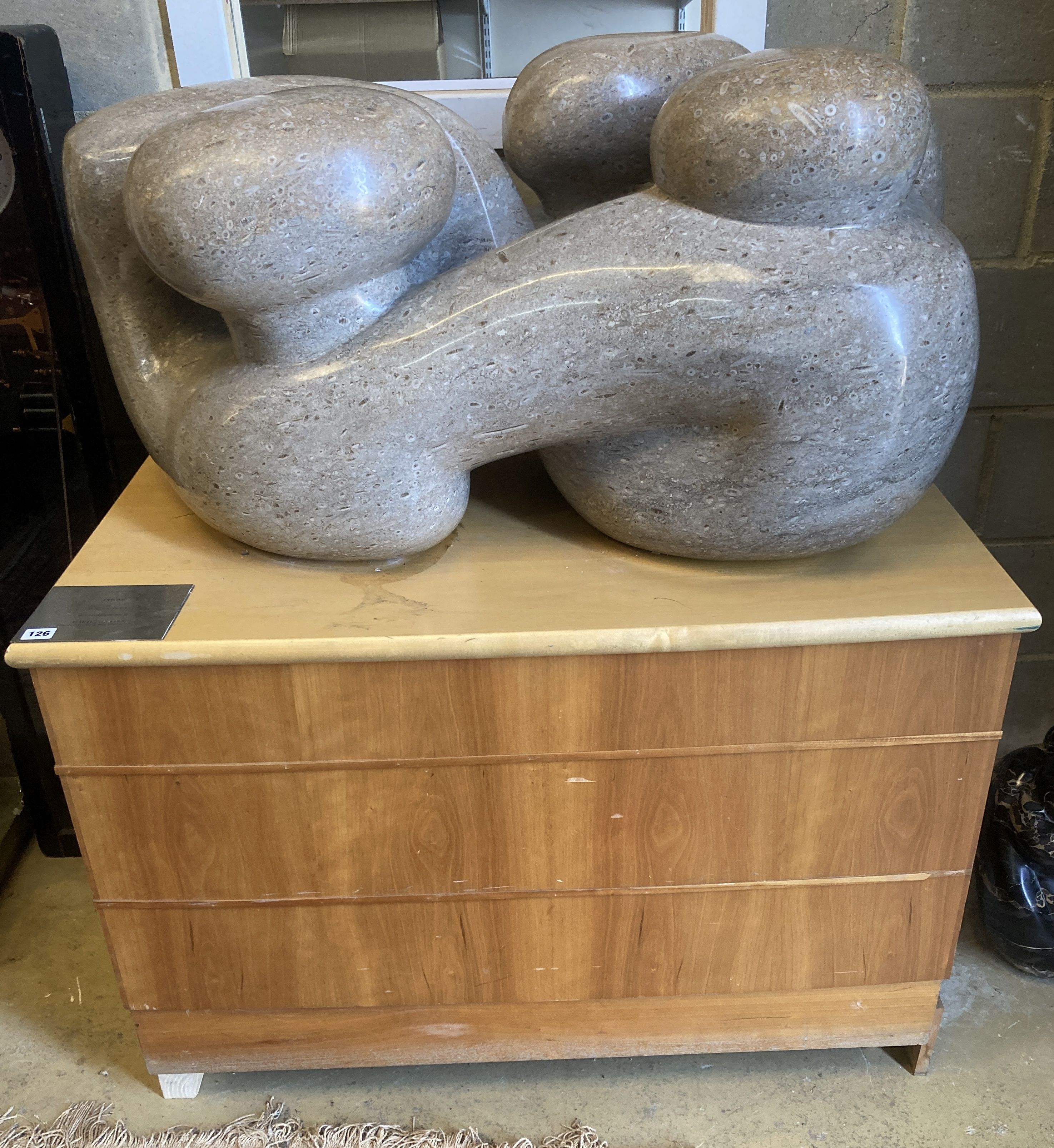 ARR Polly Ionides (born 1944) Triune, An abstract figural carved limestone group, width 106cm,