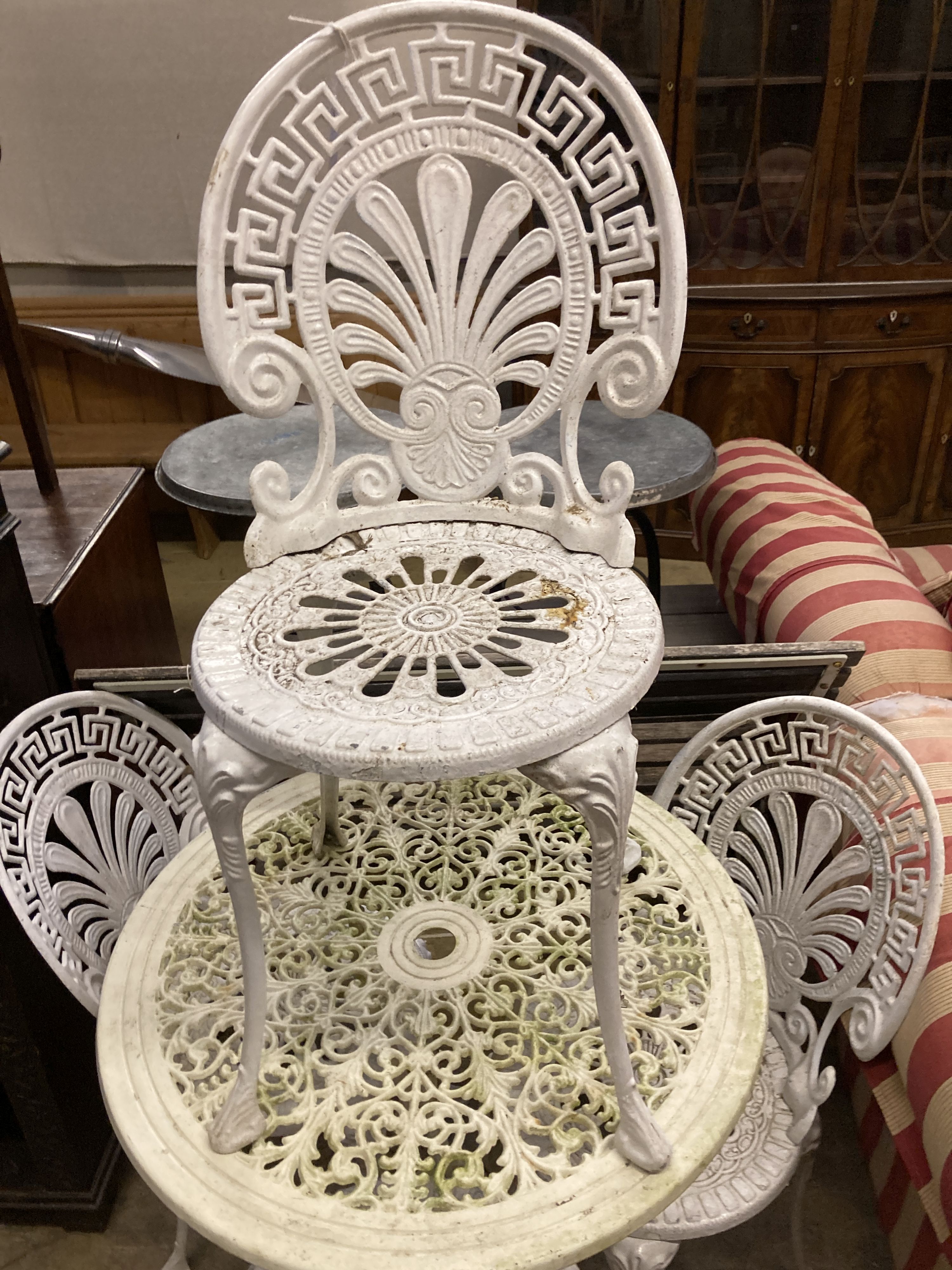 A circular Victorian style painted aluminium garden table, diameter 69cm together with a set of four - Image 2 of 5