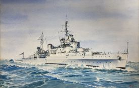 CEM, watercolour, Royal Naval warship at sea, initialled, 18 x 29cm, unframed