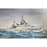 CEM, watercolour, Royal Naval warship at sea, initialled, 18 x 29cm, unframed