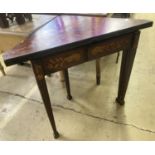 An early 19th century Dutch marquetry inlaid walnut triangular folding tea table, width 93cm,
