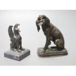 F. Pautrot. A seated bronze hunting dog, 12cm and a spelter figure of a griffin