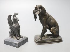 F. Pautrot. A seated bronze hunting dog, 12cm and a spelter figure of a griffin