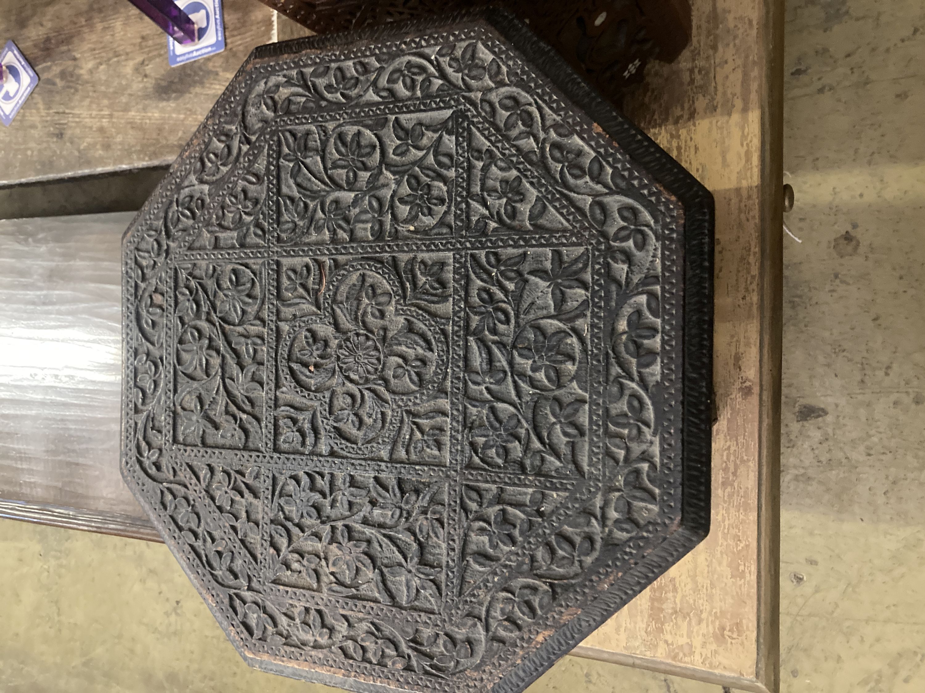 Two Moorish octagonal carved occasional tables, larger width 38cm, height 42cm - Image 2 of 4
