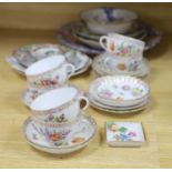 A group of Dresden tea wares and plates, a cloisonne enamel bowl , Cantonese and Imari dishes etc.