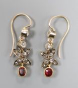 A pair of Victorian yellow and white metal, garnet and round and rose cut diamond set drop earrings,